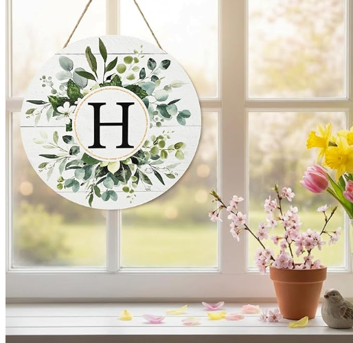 🎁Last Day Promotion 49% OFF🔥Smile Monogram Letter H Wreaths Wooden Welcome Sign, Family Last Name Initial Front Door Wall Decoration, Floral Spring Summer Porch Rustic Home Kitchen Decor